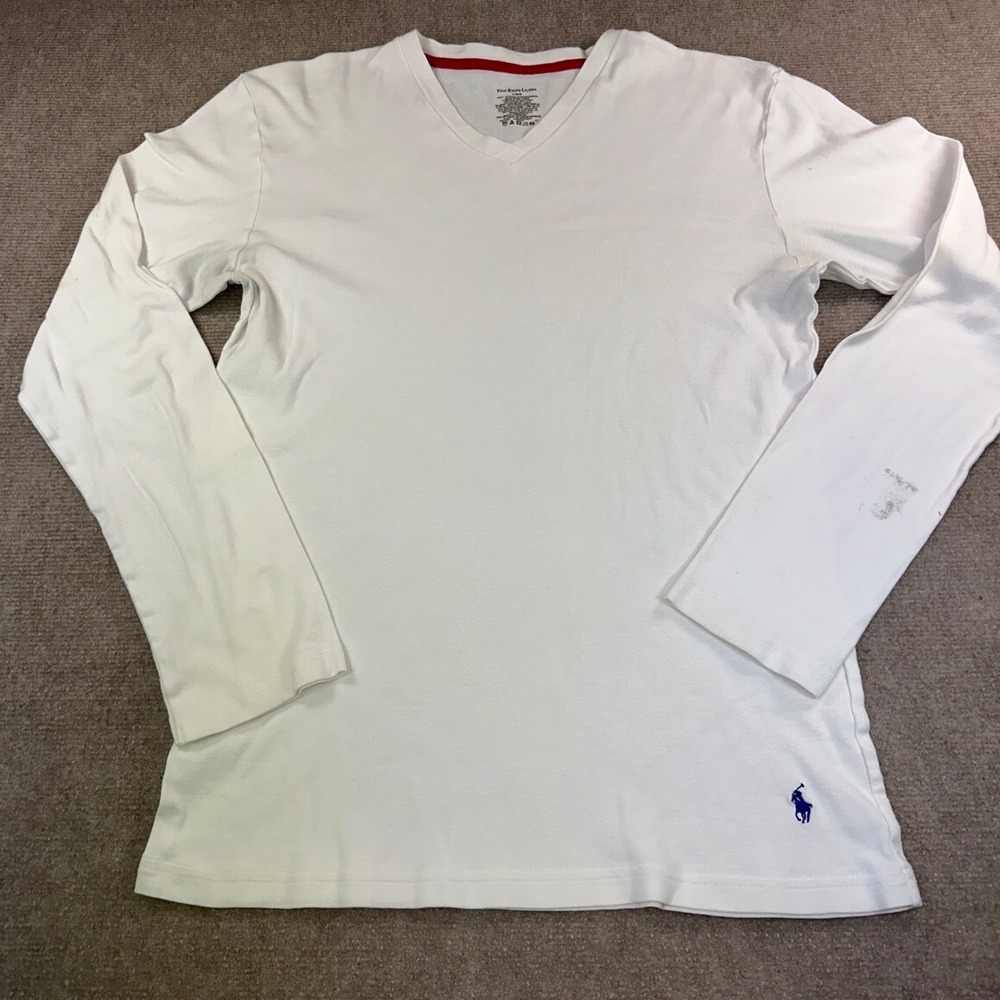Polo Ralph Lauren Mens White V-Neck Long Sleeve T-Shirt Large Blue Pony Logo